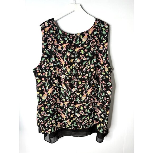 Rose Olive 3X Sleeveless Layered Top Tank Sz 3x Dark Floral V-Neck Black Sheer - Picture 4 of 9